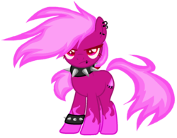 Size: 1012x790 | Tagged: safe, artist:cyberlesbian, oc, oc only, oc:neon flicker, earth pony, pony, angry, annoyed, collar, ear piercing, earring, female, jewelry, lip piercing, looking at you, mare, piercing, punk, simple background, solo, spiked collar, spiked wristband, tattoo, transparent background, wristband