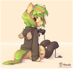 Size: 1693x1621 | Tagged: safe, artist:hoodie, oc, oc only, oc:ardent arrow, semi-anthro, archer, biting, blushing, clothes, commission, controller, femboy, gaming, hoodie, lace in mouth, male, pants, shorts, socks, solo