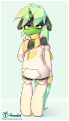 Size: 685x1200 | Tagged: safe, artist:hoodie, oc, oc only, oc:serenity (shifty), unicorn, semi-anthro, bipedal, clothes, female, heart, hoodie, horn, mare, off shoulder, off shoulder sweater, oversized clothes, scarf, sleepy, socks, solo, sweater, thigh highs