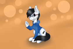 Size: 3000x2000 | Tagged: safe, artist:skeeniee, oc, oc only, oc:nomad, earth pony, pony, clothes, ear fluff, glasses, high res, hoodie, looking at you, male, raised hoof, simple background, sitting, smiling, solo, squee, stallion