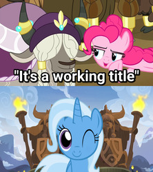 Size: 1920x2160 | Tagged: safe, edit, edited screencap, screencap, pinkie pie, trixie, yigrid, yak, g4, yakity-sax, cute, diatrixes, it's a working title, one eye closed, smiling, text, unnamed character, unnamed yak, whispering, wink, yakyakistan
