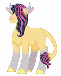 Size: 1024x1280 | Tagged: safe, artist:whisperseas, oc, oc only, oc:stormhoof, hybrid, cloven hooves, eye clipping through hair, hair over one eye, horns, interspecies offspring, male, offspring, parent:fluttershy, parent:iron will, parents:ironshy, simple background, solo, white background