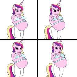 Size: 1024x1024 | Tagged: safe, artist:20thx5150, princess cadance, alicorn, anthro, g4, :p, belly, belly button, breasts, clothes, female, implied princess flurry heart, kicking, looking at you, loss (meme), pregdance, pregnant, silly, simple background, solo, tongue out, top, white background