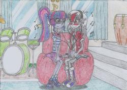 Size: 1745x1240 | Tagged: safe, artist:nephilim rider, sci-twi, twilight sparkle, oc, oc:heaven lost, equestria girls, g4, my little pony equestria girls: better together, stressed in show, blushing, canon x oc, headphones, ipod, listening, listening to music, music, music notes, sharing, sharing headphones, traditional art