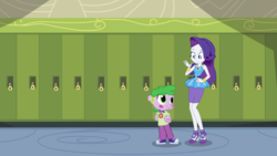 Size: 1366x768 | Tagged: safe, artist:epiclyawesomeprussia, artist:ilaria122, artist:knightwolf09, artist:starlightglimmerluvr, rarity, spike, spike the regular dog, dog, equestria girls, equestria girls series, g4, arms, bracelet, canterlot high, child, clothes, cute, equestria girls-ified, female, geode of shielding, hairpin, hallway, high heels, human spike, implied transformation, jewelry, legs, lockers, long hair, magical geodes, makeup, male, rarity peplum dress, ship:sparity, shipping, shoes, story included, straight, teenager, what has science done