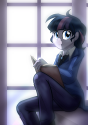 Size: 2400x3400 | Tagged: safe, artist:geraritydevillefort, twilight sparkle, the count of monte rainbow, equestria girls, g4, book, clothes, female, high res, looking at you, mondego, monsparkle, musical, pants, sitting, smiling, solo, the count of monte cristo, window