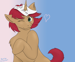 Size: 1280x1060 | Tagged: safe, artist:thedigodragon, oc, oc only, oc:rose, pony, unicorn, chest fluff, female, heart, one eye closed, paper, smiling, solo, wink