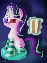 Size: 4166x5552 | Tagged: safe, artist:thedarksatanicorn, starlight glimmer, pony, unicorn, g4, 3d glasses, absurd resolution, clothes, female, food, glowing horn, horn, magic, popcorn, socks, solo, striped socks, telekinesis