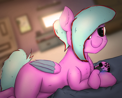 Size: 5000x4000 | Tagged: safe, artist:rainyvisualz, oc, oc only, oc:star beats, pegasus, pony, absurd resolution, bed, complex background, controller, draw me like one of your french girls, looking at you, lying down, picture frame, playstation 4, shading, solo, television, wings