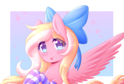 Size: 2683x1809 | Tagged: safe, artist:fluffymaiden, oc, oc only, oc:bay breeze, pegasus, pony, blushing, bow, clothes, commission, cute, female, hair bow, heart eyes, looking at you, mare, ocbetes, smiling, socks, solo, spread wings, striped socks, tongue out, wingding eyes, wings