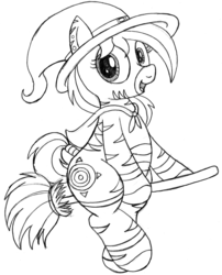 Size: 2425x3000 | Tagged: safe, artist:an-tonio, oc, oc only, oc:zula, pony, zebra, broom, female, flying, flying broomstick, grayscale, hat, monochrome, simple background, sketch, solo, white background, witch, witch hat, zebra oc