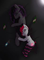 Size: 1000x1350 | Tagged: safe, artist:lazerblues, oc, oc only, oc:deep rest, oc:miss eri, black and red mane, clothes, implied lesbian, implied shipping, socks, striped socks, two toned mane, wine bottle