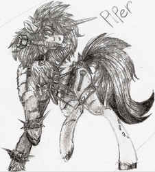 Size: 1670x1844 | Tagged: safe, artist:brainiac, oc, oc only, oc:piper, pony, unicorn, fallout equestria, black and white, female, floppy ears, grayscale, lead pipe, mare, monochrome, raider, raider armor, scar, solo, spikes, text, tired eyes, traditional art, unshorn fetlocks, weapon