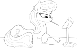 Size: 1920x1200 | Tagged: safe, artist:soctavia, octavia melody, earth pony, pony, g4, bowtie, composing, female, lying down, mare, messy mane, mouth hold, music stand, pencil, sketch, solo, wip
