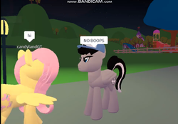 Size: 1262x880 | Tagged: safe, fluttershy, oc, oc:chopsticks, pegasus, pony, g4, angry, boop, dialogue, female, hat, male, mare, ponyville, roblox, text