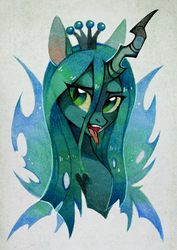 Size: 1001x1413 | Tagged: safe, artist:lispp, queen chrysalis, changeling, changeling queen, g4, bust, crown, female, jewelry, looking at you, open mouth, regalia, simple background, solo, tongue out, traditional art