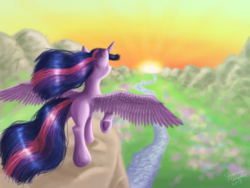 Size: 1024x768 | Tagged: safe, artist:turquoisethought, twilight sparkle, alicorn, pony, g4, female, outdoors, painting, rear view, river, signature, solo, spread wings, sunrise, twilight sparkle (alicorn), underhoof, valley, wings