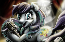 Size: 1024x662 | Tagged: safe, artist:zene, coloratura, earth pony, pony, g4, beam, female, flashing lights, glowing cutie mark, looking at you, microphone, open mouth, rara, side view, singing, smiling