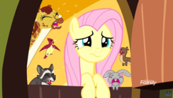 Size: 1920x1080 | Tagged: safe, screencap, clementine, fluttershy, bird, giraffe, otter, pony, rabbit, raccoon, g4, yakity-sax, animal, crying, female, fluttershy's cottage, mare, woken up at a bad time