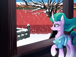 Size: 1711x1280 | Tagged: safe, artist:oofycolorful, mistmane, pony, unicorn, g4, chinese garden, clothes, curved horn, female, horn, mare, raised hoof, smiling, snow, solo, tree