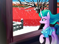 Size: 1711x1280 | Tagged: safe, alternate version, artist:oofycolorful, mistmane, pony, unicorn, g4, clothes, curved horn, female, horn, mare, raised hoof, smiling, snow, solo, tree