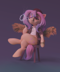 Size: 3120x3726 | Tagged: safe, artist:v747, fluttershy, pony, g4, bracelet, clothes, crossed legs, drugs, ear piercing, female, flank, hat, high res, jewelry, joint, lidded eyes, looking at you, mare, marijuana, necklace, piercing, plaid, sitting, smoking, solo, thighs
