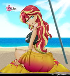 Size: 921x1000 | Tagged: safe, alternate version, artist:clouddg, sunset shimmer, equestria girls, g4, ass, barefoot, beach, beach babe, big breasts, breasts, bunset shimmer, busty sunset shimmer, butt, clothes, crepuscular rays, crossed legs, feet, female, human coloration, looking back, midriff, ocean, open mouth, sand, sarong, signature, solo, swimsuit, towel