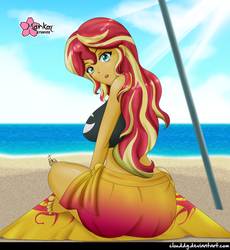 Size: 921x1000 | Tagged: safe, artist:clouddg, sunset shimmer, equestria girls, g4, my little pony equestria girls: better together, ass, barefoot, beach, beach babe, beach towel, big breasts, breasts, bunset shimmer, busty sunset shimmer, butt, clothes, crepuscular rays, crossed legs, feet, female, hot, looking at you, looking back, midriff, ocean, open mouth, sand, sarong, sexy, signature, solo, swimsuit, towel