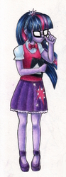Size: 700x1878 | Tagged: safe, artist:andpie, sci-twi, twilight sparkle, equestria girls, g4, adorkable, blank eyes, book, clothes, cute, dork, female, glasses, mary janes, pleated skirt, ponytail, shoes, skirt, solo, sunglasses, traditional art