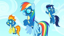 Size: 1920x1080 | Tagged: safe, screencap, rainbow dash, soarin', spitfire, pegasus, pony, g4, yakity-sax, angry face, clothes, covering ears, crossed arms, discovery family, female, goggles, male, mare, stallion, trio, uniform, wonderbolts, wonderbolts uniform