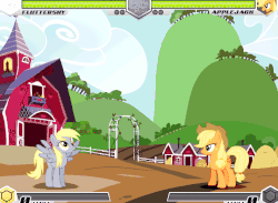 Size: 631x463 | Tagged: safe, artist:sunbusting, applejack, derpy hooves, earth pony, pegasus, pony, fighting is magic, fighting is magic - mega, g4, animated, cute, derpabetes, duo, duo female, female, gif, mare