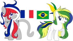 Size: 1024x577 | Tagged: dead source, safe, artist:cosmicwitchadopts, earth pony, pony, blank flank, brazil, cat tail, duo, female, france, mare, nation ponies, ponified, simple background, transparent background