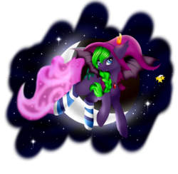 Size: 1024x1000 | Tagged: safe, artist:absolitedisaster08, oc, oc only, bat pony, hybrid, original species, pony, scented pony, clothes, female, hat, mare, moon, night, simple background, socks, solo, striped socks, transparent background, witch hat