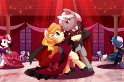 Size: 1700x1125 | Tagged: safe, artist:yokokinawa, oc, oc:dracula, oc:spooksberry, oc:vive, earth pony, pony, unicorn, vampire, vampony, ballroom, blonde, bow, cape, clothes, dancing, dress, elegant, fancy, female, gala dress, group, looking at each other, male, night, red eyes, red light, saloon dress, shoes, straight, suit, window