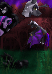 Size: 750x1066 | Tagged: safe, artist:charliegray99, twilight sparkle, oc, oc:fallenlight, alicorn, pony, comic:curse and madness, g4, amulet, armor, bat wings, cloak, clothes, comic, cultist, dark, dodge, female, forest, gauntlet, helmet, hooded cape, male, mare, membranous wings, mlpcam, night, no dialogue, peytral, stallion