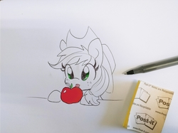 Size: 2040x1528 | Tagged: safe, artist:tjpones, applejack, earth pony, pony, g4, apple, cute, female, food, jackabetes, lineart, mare, mlem, partial color, pen, post-it, silly, simple background, solo, that pony sure does love apples, tongue out, traditional art