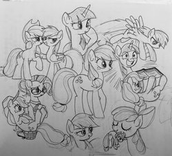 Size: 2048x1863 | Tagged: safe, artist:xp_r6, apple bloom, applejack, rainbow dash, rarity, twilight sparkle, earth pony, pegasus, pony, unicorn, g4, book, bow, cowboy hat, female, filly, flying, glasses, hair bow, hat, mare, mouth hold, pencil drawing, reading, simple background, traditional art, unicorn twilight, white background