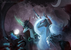 Size: 2025x1430 | Tagged: safe, artist:begasus, nightmare moon, queen chrysalis, alicorn, changeling, changeling queen, pony, g4, crescent moon, female, flower, lesbian, mare, moon, night, ship:chrysmoon, shipping, tree