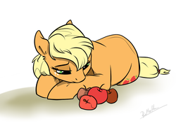 Size: 900x658 | Tagged: safe, artist:rutkotka, applejack, earth pony, pony, g4, apple, female, food, mare, prone, sad, simple background, solo, white background