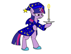 Size: 910x698 | Tagged: safe, artist:pencil bolt, twilight sparkle, pony, unicorn, g4, bipedal, candle, clothes, female, hat, nightcap, nightgown, robe, simple background, solo, white background