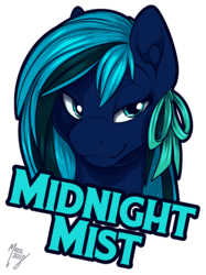 Size: 1500x2006 | Tagged: safe, artist:muzz, oc, oc only, oc:midnight mist, pegasus, pony, badge, bow, bust, face, female, mare, simple background, sly, solo, transparent background
