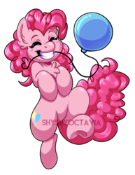 Size: 2851x3693 | Tagged: safe, artist:shyshyoctavia, pinkie pie, earth pony, pony, g4, balloon, chest fluff, cute, diapinkes, eyes closed, female, grin, high res, mare, mouth hold, simple background, smiling, solo, transparent background, watermark