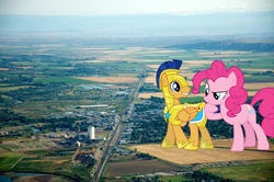 Size: 4288x2848 | Tagged: safe, artist:jerryakira79, flash sentry, pinkie pie, earth pony, pegasus, pony, g4, female, giant pony, highrise ponies, irl, macro, male, photo, ponies in real life
