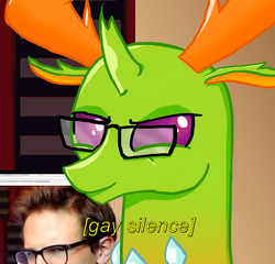 Size: 819x787 | Tagged: artist needed, safe, thorax, changedling, changeling, human, g4, 4chan, bust, descriptive noise, gay, gay silence, glasses, idubbbz, image macro, irl, irl human, king thorax, looking at you, male, meme, photo, smiling, smirk, solo, text
