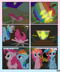 Size: 900x1080 | Tagged: safe, artist:lister-of-smeg, pinkie pie, rainbow dash, oc, oc:crosspatch, oc:lazybug, earth pony, pony, comic:zap-o-lantern, g4, apple, cellar, colt, comic, female, food, male, mare, zap-o-lanternking