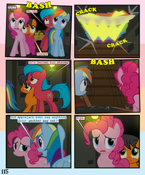 Size: 900x1080 | Tagged: safe, artist:lister-of-smeg, pinkie pie, rainbow dash, oc, oc:crosspatch, oc:lazybug, earth pony, pony, comic:zap-o-lantern, g4, apple, cellar, colt, comic, female, food, male, mare, zap-o-lanternking