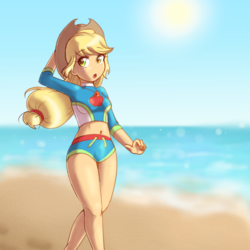 Size: 1000x1000 | Tagged: safe, artist:sagwamat, applejack, equestria girls, equestria girls specials, g4, my little pony equestria girls: better together, my little pony equestria girls: forgotten friendship, applejack's beach shorts swimsuit, applejack's hat, beach, belly button, clothes, cowboy hat, cute, female, geode of super strength, hat, jackabetes, looking at you, midriff, solo, stetson, swimsuit, thighs