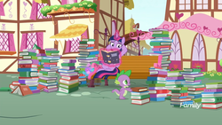 Size: 1920x1080 | Tagged: safe, screencap, spike, twilight sparkle, alicorn, dragon, pony, g4, yakity-sax, bedroom eyes, book, discovery family logo, female, hooves behind head, levitation, looking at something, lots of books, magic, male, mare, ponyville, reclining, relaxing, sitting, smug, telekinesis, that pony sure does love books, twilight sparkle (alicorn), winged spike, wings