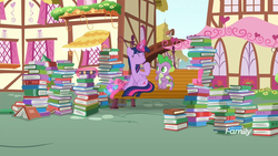 Size: 1920x1080 | Tagged: safe, screencap, spike, twilight sparkle, alicorn, dragon, pony, g4, yakity-sax, book, female, giggling, looking at something, lots of books, male, mare, sitting, smiling, that pony sure does love books, twilight sparkle (alicorn), winged spike, wings