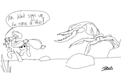 Size: 2052x1262 | Tagged: safe, artist:prismspark, applejack, g4, chase, crossover, monochrome, ms paint, oddworld, running, scrab, sketch, this will end in pain